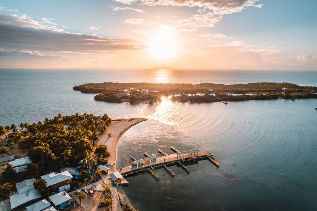 aerial image of belize at sunset