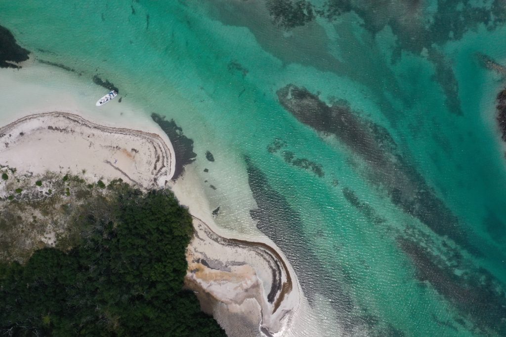 aerial photo of belize white sand beach contrasting against blue waters